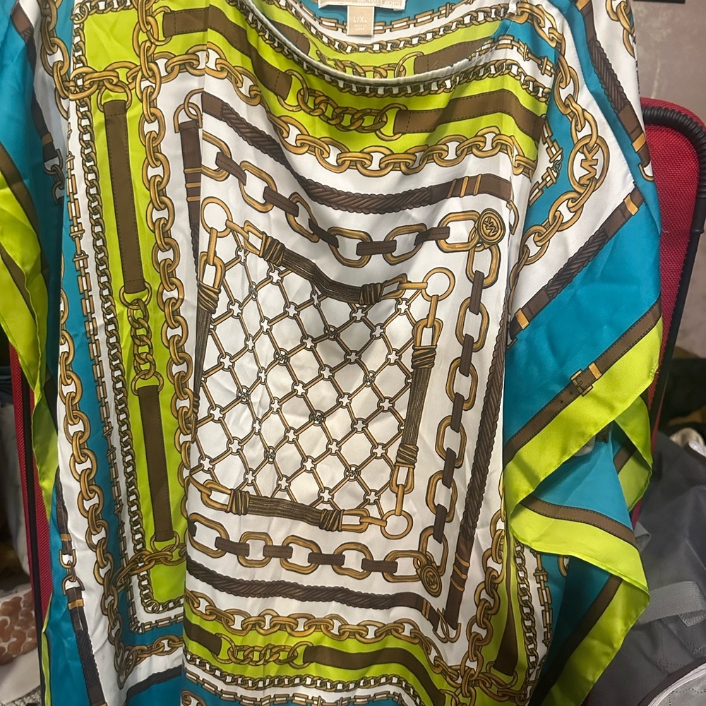 Michael Kors Chain-Print Silk-Feel Top in Teal, Lime & Gold